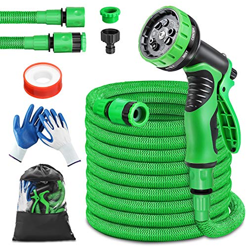 GARFANS Tuyau d'arrosage extensible 15m/50FT, Tuyau Arrosage Rétractable à 9 Modes Pistolet d’arrosage tuyau d'arrosage anti-torsion flexible et léger, pour lavage de maison/voiture/sol/cour
