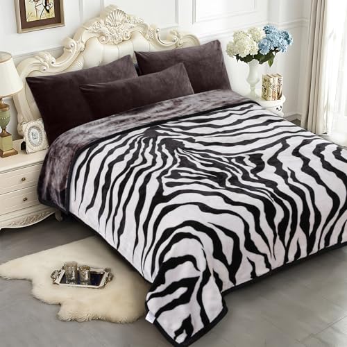 Image of JYK Soft Fleece Bed Blanket Queen Size 5 LB, Korean Style 2 Ply Reversible Fluffy Flannel Blanket Microfiber, Warm Cozy Blanket for Autumn, Winter 75x87 Inches - Black White Tiger /Tiger Stripes