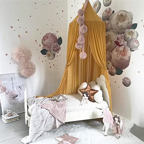Image of Dyna-Living Princess Bed Canopy for Girls - Yellow Canopy Bed Curtains - Round, 90"H x 19.7"D, Romantic Style