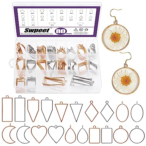 Swpeet 80 biseles abiertos de 2 colores, 10 estilos para juego de resina, 10 formas, colgantes de marco hueco, biseles de resina, moldes de joyería, colgantes de marco para aretes, collares, pulseras,