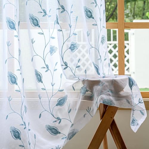 Image of Floral Embroidery Sheer Curtains Blue 95 Inches Long, Window Treatments Rod Pocket Drapes for Living room, Bedroom, Semi Crinkle Voile Curtain Panels for Yard, Patio, Villa, Parlor, Set of 2, 52 inchx95 inch.