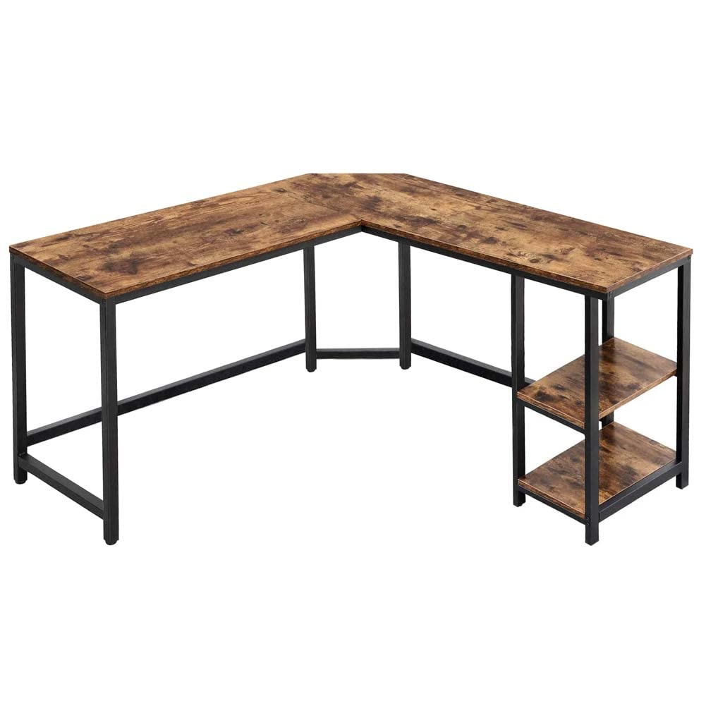 BAKAJI Scrivania Angolare a L, con Libreria 2 Ripiani, Tavolo da Lavoro Porta Pc Computer, Struttura in Metallo Nero e Piano in Legno Effetto Anticato Arredamento Ufficio Design Stile Industriale