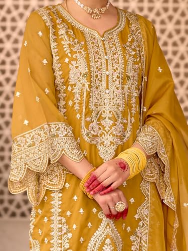 Image of INDO ERA Women's Organza Embroidered Straight Kurta and Pant with Dupatta Set (IEOUT10606)
