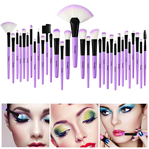 Yuwaku Makeup Brush 32pcs, Purple Professional Make Up Brushes Set with Soft Bristles Kabuki Foundation Powder Eyeshadow Eyeliner Blush Concealer Brush with Travel Makeup Bag (Purple)