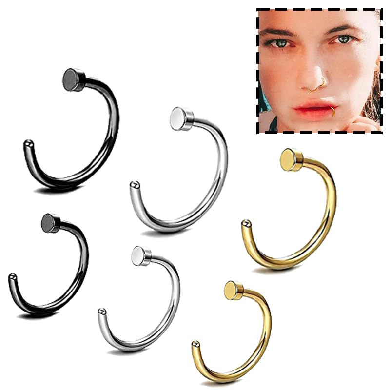 6 Stück Fake Piercing-Set 8/10 mm Clicker-Ringe aus Chirurgenstahl für Nase Ohr Lippe & Intimbereich (Gold Silber Schwarz)