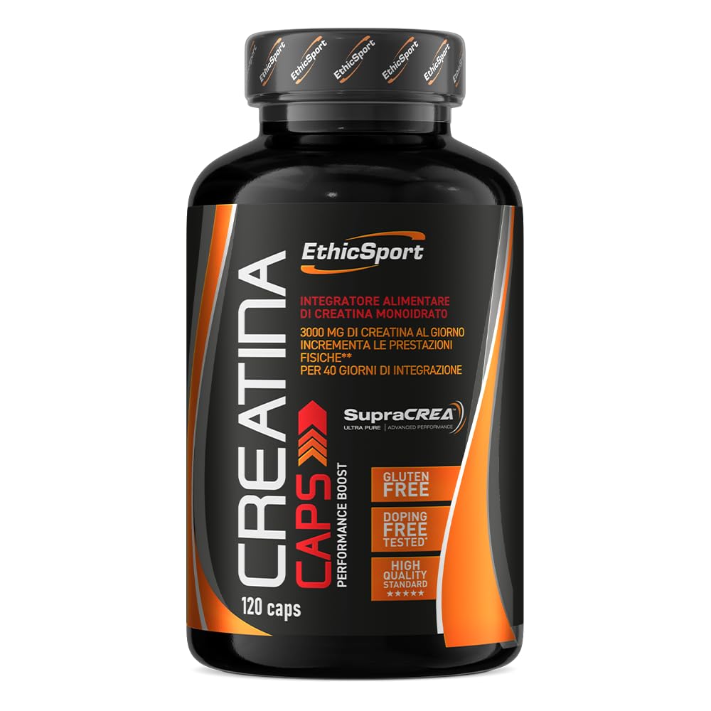 EthicSport Creatina Caps – Creatina monoidrato pura con SupraCREA™ – Incrementa le prestazioni fisiche in attività brevi e intense – elevata purezza, senza additivi – vegan, gluten free – 120 capsule