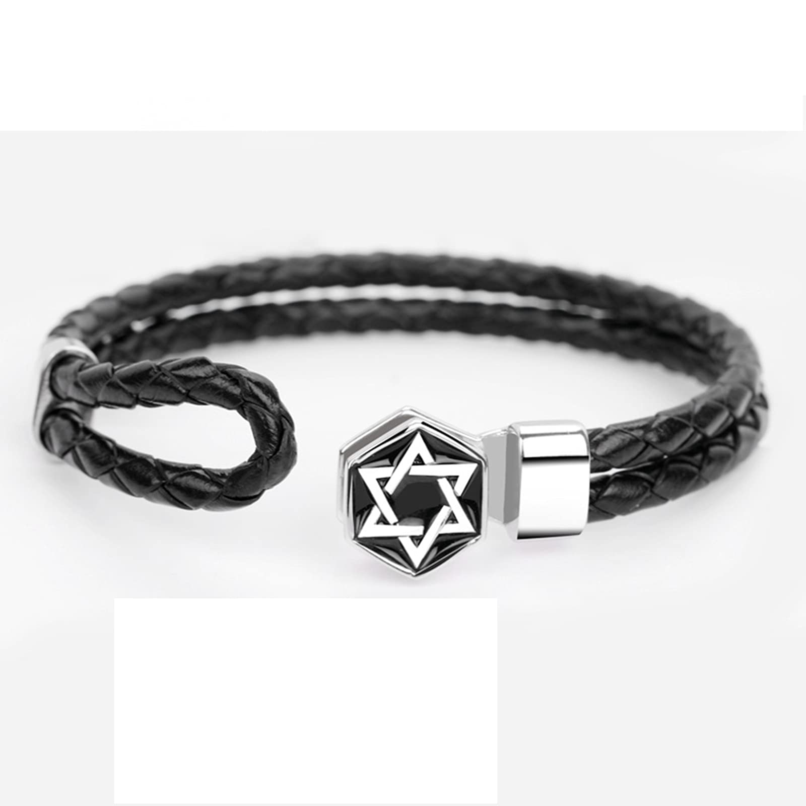 Pulsera trenzada de cuero de la PU de las PU de los hombres de los hombres - Pulsera de estrella de esterlina de 925 de la plata esterlina a mano, pulsera de cierre de estrella de seis puntas, longitu