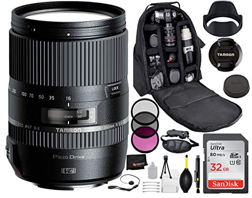 Tamron 16-300mm f/3.5-6.3 Di II VC PZD Macro Lens for Nikon with Bundle Package Deal –3 Piece Filter Kit + SanDisk 32gb SD Card + Backpack + More
