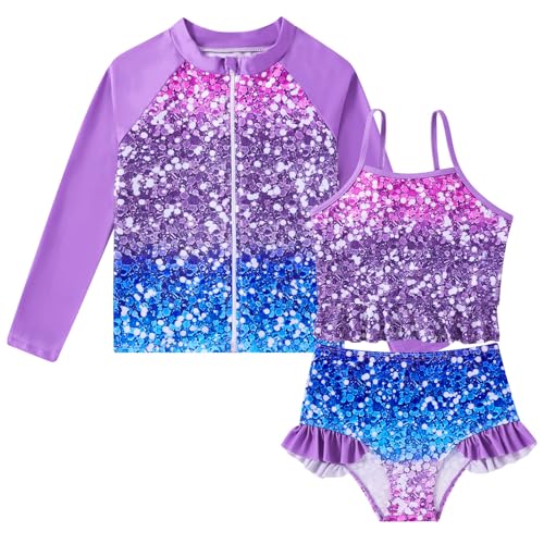 Image of Funnycokid Girls Swimsuit Kids Bathing Suit Rashguard Swimwear Long Sleeve 3 Piece Toddler 3-7 Years