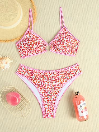 Image of Fanuerg Women's Triangle Bikini Sets O Ring Linked Two Piece Swimsuits Floral Printed Cheeky Bathing Suit
