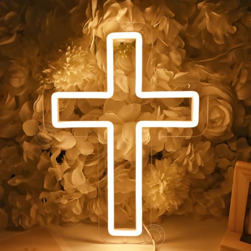 SYLHOME Cross Led Neon Light Sign Christening Baby Shower Banner Wall Decor