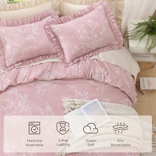 Image of Litanika Grayish Pink Full Comforter Sets, 3 Pieces Ruffle White Floral Farmhouse Bedding Comforter Sets, All Season Soft Lightweight Fluffy Microfiber Bed Set(79x90In Comforter, 2 Pillowcases)