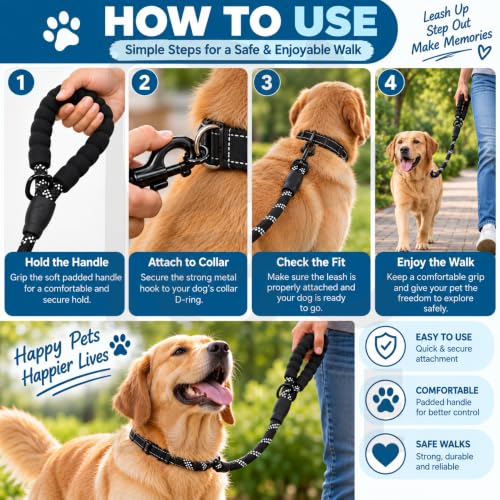 Image of PetVogue FT Nylon Rope Dog Leash, Heavy Duty Training & Walking Lead for Small, Medium & Large Dogs, Reflective Pet Walking Cord with Comfortable Padded Handle & Strong Metal Clip (Black)