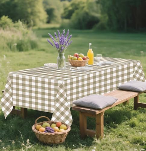 Image of SietDESEO 2 Pack Brown Gingham Tablecloth Rectangle 54 x 108 Brown and White Checkered Table Cloth Disposable Plaid Table Cover Plastic for Birthday Baby Shower Picnic Wedding Party Supplies