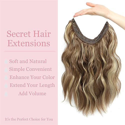 Invisible Wire Hair Extension Brown with Golden Highlights,12 Inch Wavy Synthetic Halo Hairpieces for Women Natural Volume for Everyday Wear Party & Wedding - Image 2