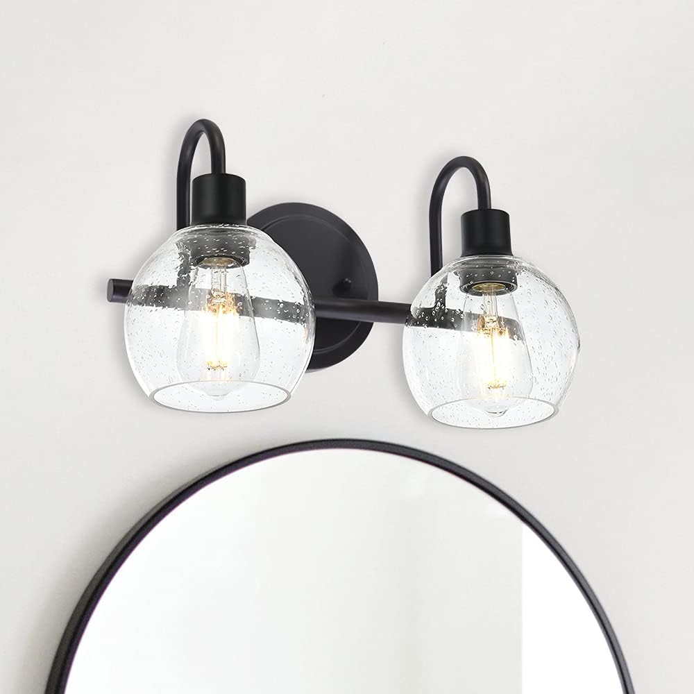 Black 2-Lights Wall Sconce Lighting with Seeded Glass Lampshades Industrial Bathroom Vanity Light Fixtures for Hallway Kitchen Bedroom