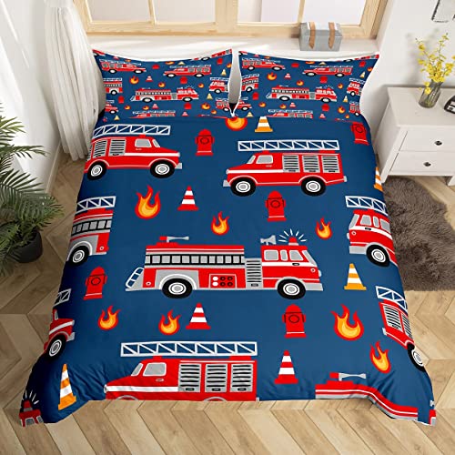 Loussiesd Feuerwehrauto Bettwäsche Jugendliche Auto Bettwäsche 135x200cm Jungen Feuerwehrmann Bettwäsche Set Blau Rot Zimmerdeko Thema Brandschutz Bettbezug Set Brandschutzwissen Reißverschluss