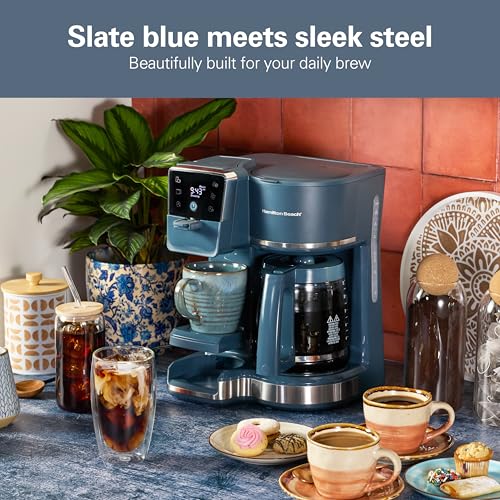 Image of Hamilton Beach 2-Way Drip Coffee Maker & Single Serve Coffee Machine | Hot & Iced Coffee Maker| 12 Cup Glass Carafe| AquaFlow Showerhead | Auto Pause & Pour | Kitchen Makeover Blue |47502J