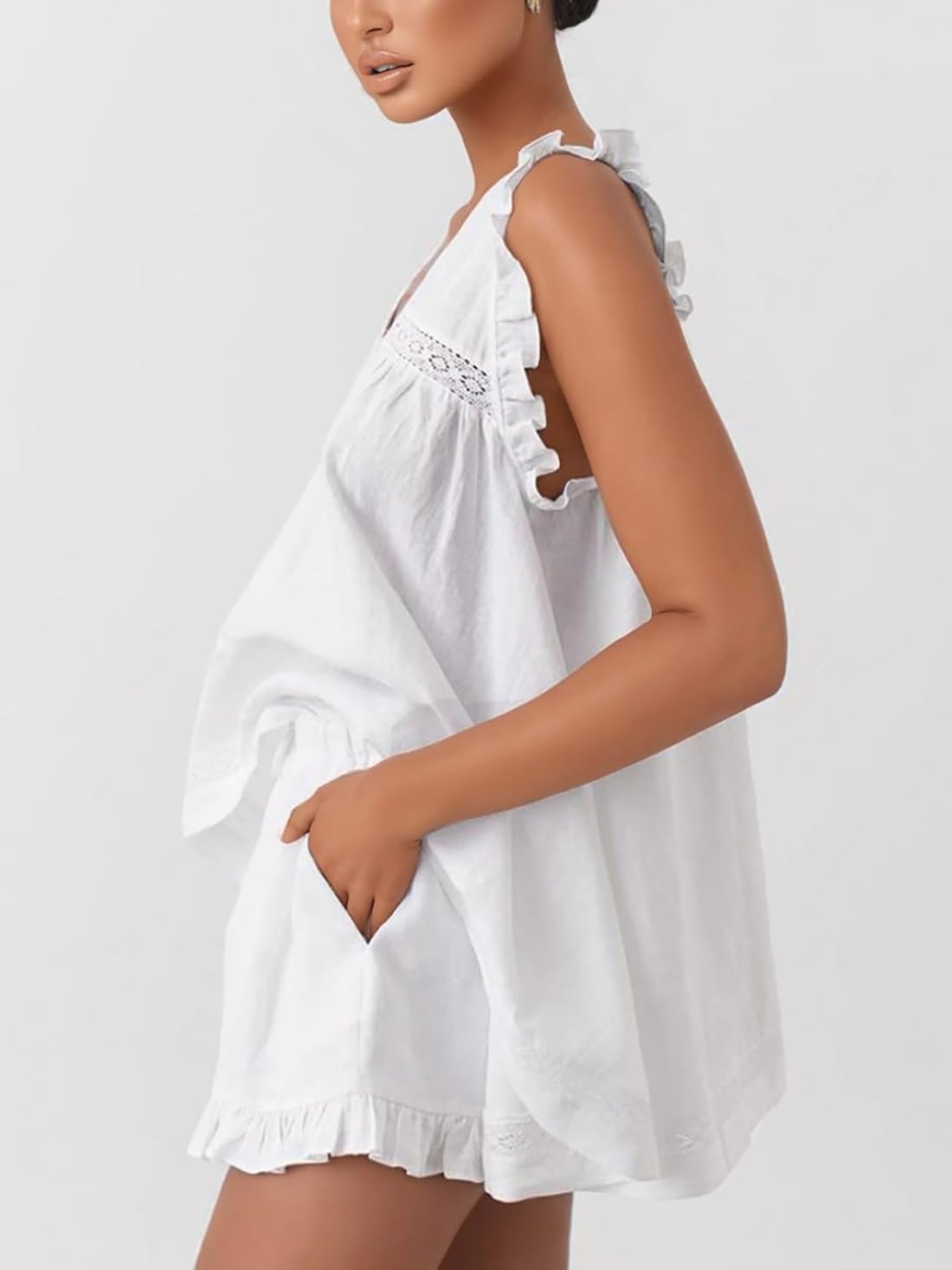 Mxiqqpltky Linen Pajamas Women Set Sleeveless Lace Trim Tank Top and Boxer Shorts Y2k Ruffle Matching Sets Lounge Beach Set - Image 5