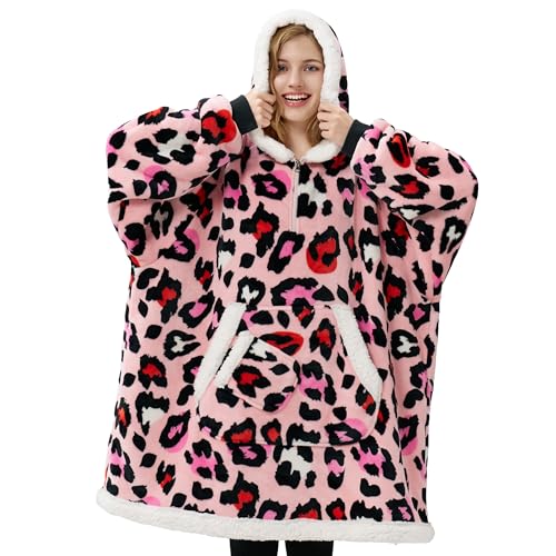 Image of Giggling Getup Wearable Blanket Hoodie for Adults Gifts for Teen Girls Sister Women Sherpa Fleece Printed Hooded Blanket Sweatshirt Warm Cozy with Pocket & Sleeves Pink Leopard