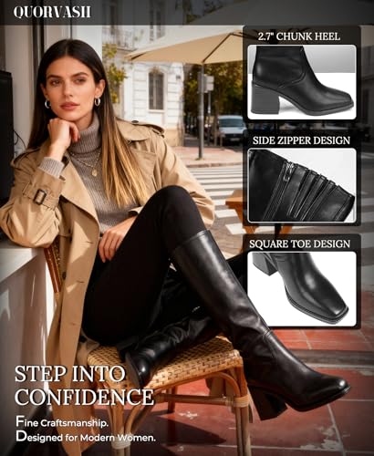 Image of Knee High Boots Women - Long Elastic Faux Leather Boots Tall Square Toe Chunky Block High Heel Shoes with Side Zipper