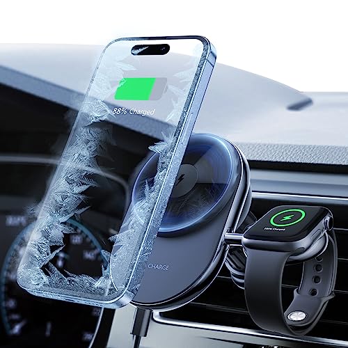 DearHot 2in1 Magnetic Ice Cooling Wireless Car Charger Holder for iPhone 15 Pro Max iWatch 9 Series Ultra SE,Magsafe Charger Compatible with iPhone 15/14/13/12 Series,Detachable Watch Charger