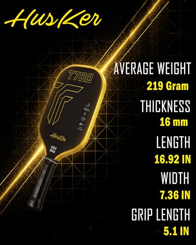 Image of Husker USAPA Approved T700 RAW Carbon Fibre Thermoformed Pickleball Paddle with Spin & Textured Carbon Friction Surface and Elongated Handle (T700-YELLOW)