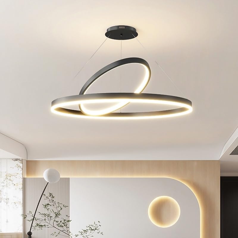 Lustre moderne Led anneau rond noir 80cm lumière chaude pour salon