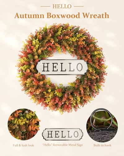 Image of DDHS 20 inch Fall Wreath for Front Door,Artificial Boxwood Wreath-Hello Sign