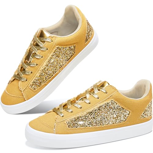 Obtaom Women Glitter Sneakers Sparkly Sequin Canvas Fashion Sneakers Comfortable Lace Up Shiny Bling Shoes for Wedding Party