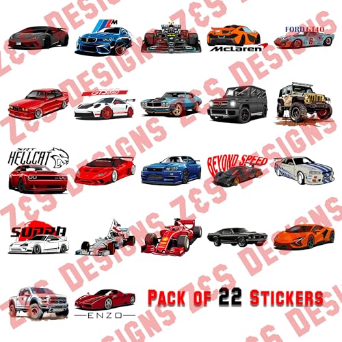 Image of Car Stickers Pack of 22 - Waterproof Vinyl Decals for Laptop, Water Bottle, Helmet & Skateboard | JDM Racing Sports Car Supercar Muscle Car F1 Sticker Set | Scratch Proof, Heavy Duty, Easily Removable