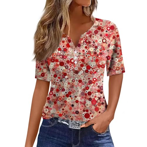 Generisch Damen Kurze Ärmel Bluse 2025 Henley V-Ausschnitt Shirt Elegant Falten Tunika Tops Knöpfe Sommer Leichte Blumen Blusen Rot S