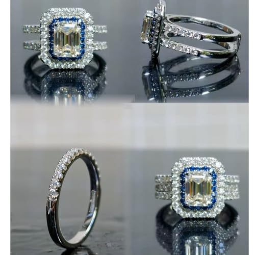 DovEggs Emerald Cut Moissanite Engagement Rings for Women 2.9ct total GHI Moissanite Halo Moissanite&Blue Sapphire Accents 14k Gold QUALITY Sterling Silver Enhancer Wedding Ring Sets2