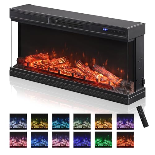 WAMPAT 36 inch 3-Sided Glass Electric Fireplace Insert, Freestanding Fireplace with Remote Control,12-Color Flame, 5 Adjustable Brightness,8 Hour Timer,1400W Fireplace Heater