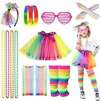 LEADSTAR 80s Fancy Dress for Women Girls,Party Rainbow Costume Accessories Set Tutu Skirt Leg Warmers Fishnet Gloves Glasses Bracelet Necklace Headband,Retro Outfit for 80s Party, Dress up Day