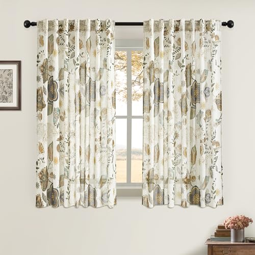 Image of XiDi Linen Vintage Floral Curtains 63 inch Length 2 Panels Set for Living Room Back Tab Rod Pocket Neutral Farmhouse Cottage Light Filtering Bedroom Curtains Pretty Flower Patterned Linen Drapes 52x63