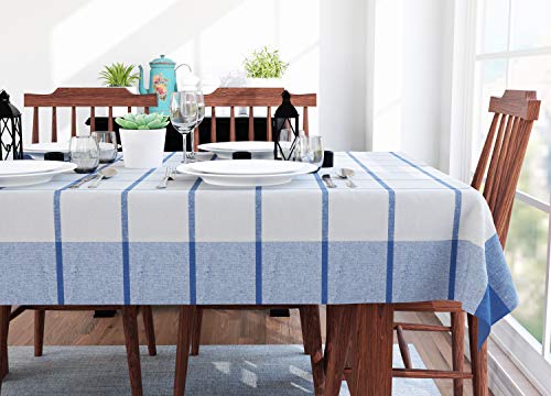 Image of Encasa XO Table Cloth (10 ft Long) for 8 to 10 Seater Large Center Dining Table - Blue Checks with Borders - Heavy Homespun Eco-Cotton Fabric, Washable, for Home, Garden, Hotel & Restaurant