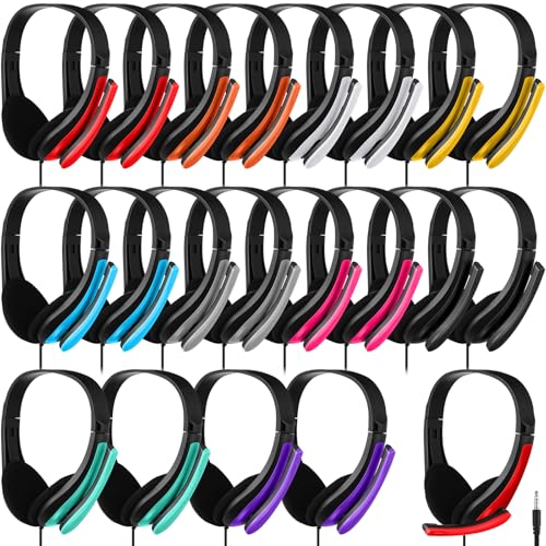 Yunsailing 20 Pack Bulk Classroom Headphones with Microphone Students Wired School Class Set Headphones for School Library Computer Office Adults 3.5 Jack Universal Plug(Multicolor)