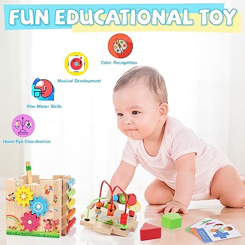 Wooden Activity Cube | 8-in-1 Montessori Toys for 12M+ Toddlers, One Year Old First Birthday Gift, Baby Toy Set with Bonus Sorting & Stacking Board