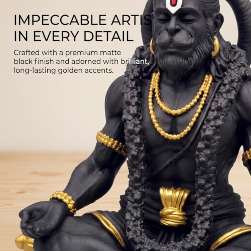 Image of Golden Legacy Meditating Black and Gold Hanuman Idol - 3.25 Inch Divine Seated Bajrangbali Murti with Gada for Car Dashboard, Home Mandir, Office Desk - Auspicious Vastu Showpiece and Spiritual Gift