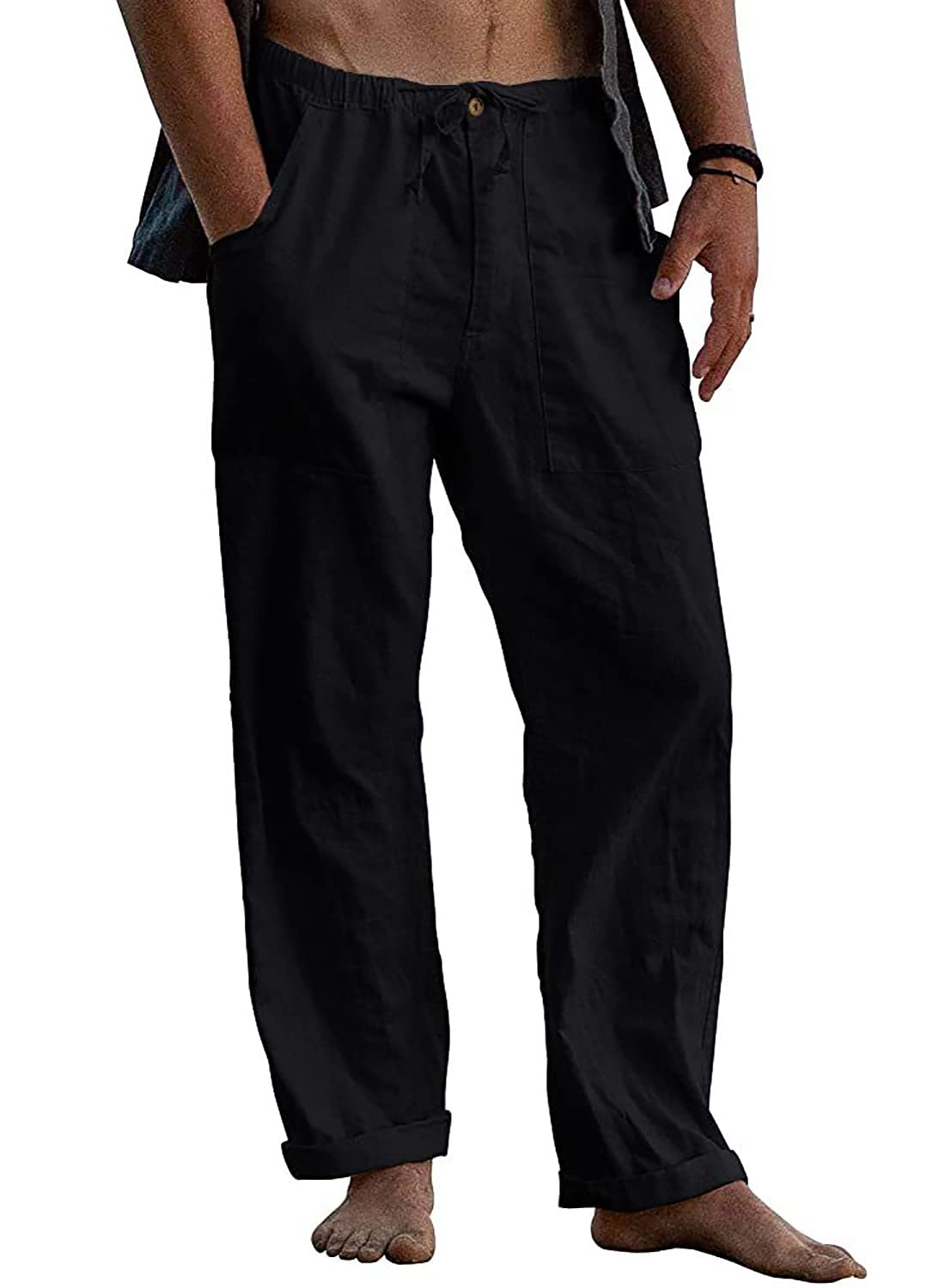 FANARCHER Mens Cotton Linen Pants Drawstring Loose Beach Pants with Pockets