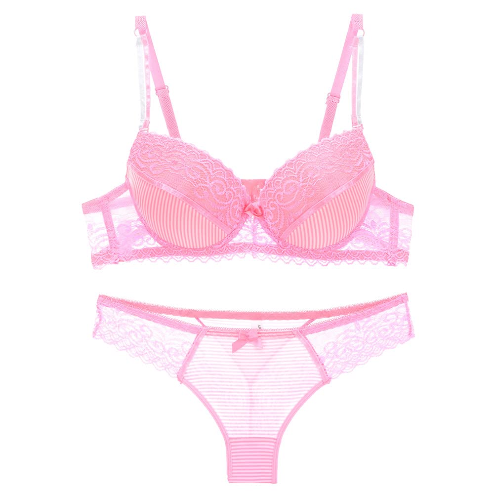 Gangcheng Women's Pink Lace Push Bra Lingerie Set Panties Briefs Underwear Padded 40C