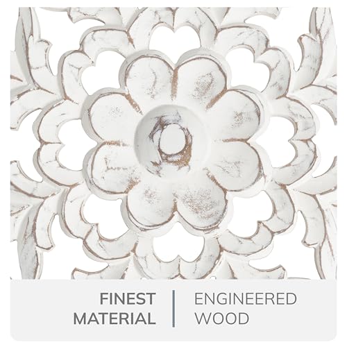 Image of JFY Designs Lisle Hand Carved Wood Medallion Wall Panels Bedroom Decor | Wall Mount Floral Sculpture Wall Art for Living Room, Bedroom Set, White Distressed Finish, Rectangular 18 x 48 inch