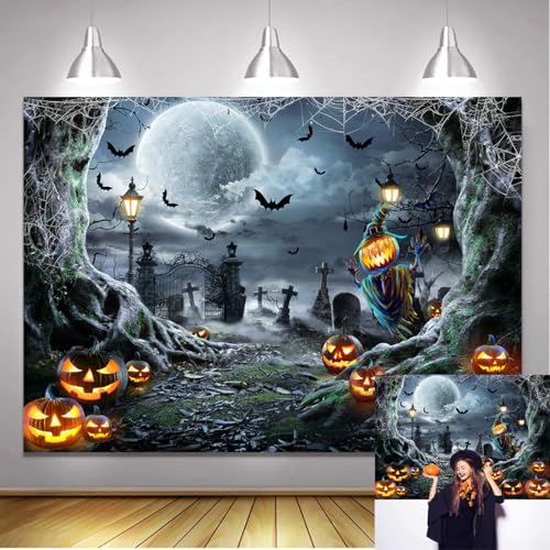 Happy Halloween Full Moon Backdrop 2.1x1.5m Horror Graveyard Night Pumpkin Bat Spooky Ghost Photography Background Halloween Party Decorations Photo Banner Props