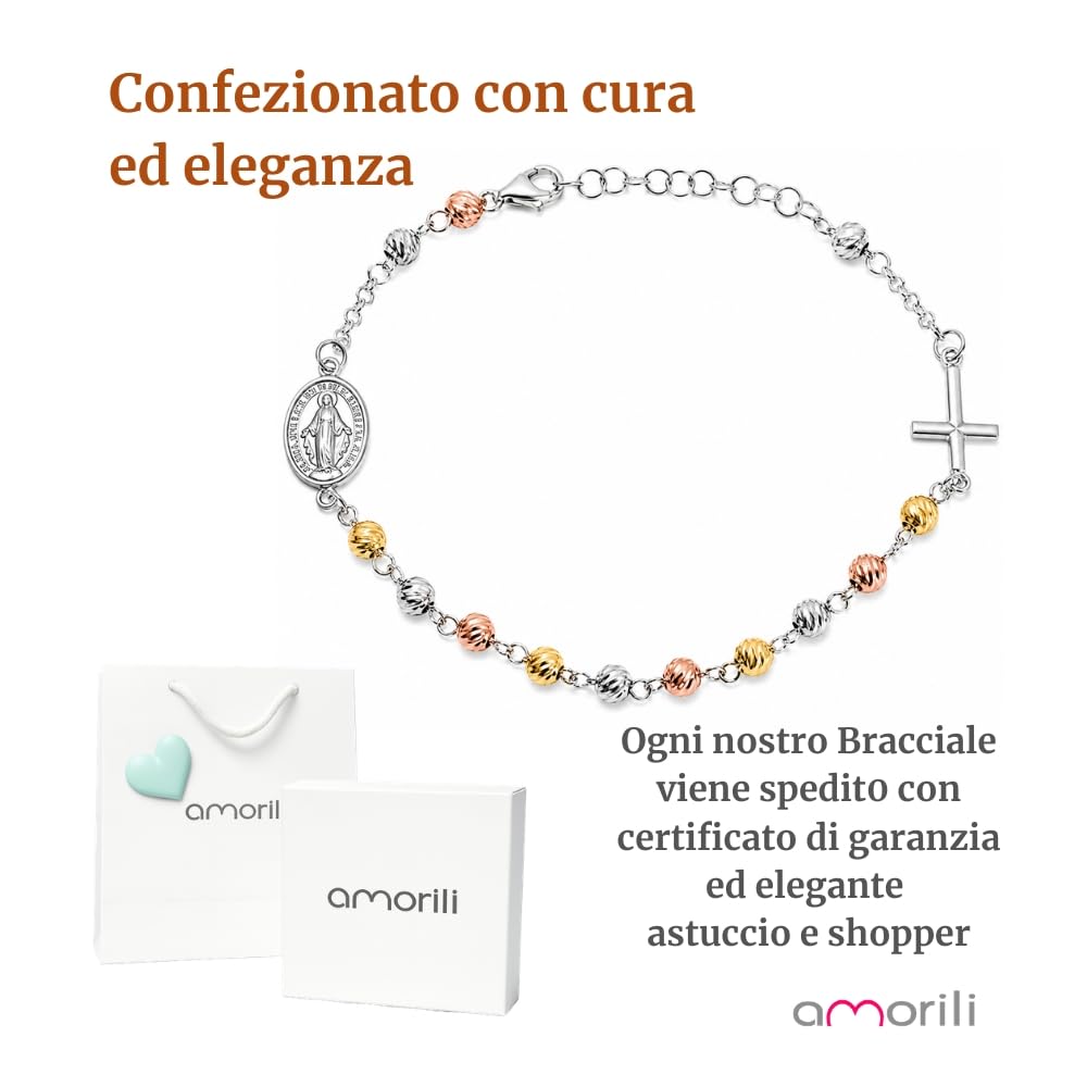 Bracciale Rosario Donna in Argento 925 con Grani Tre Colori Classico Dorato e Ramato – Simbolo Cattolico Cristiano di Fede Religioso – Braccialetto Elegante bcc1200b