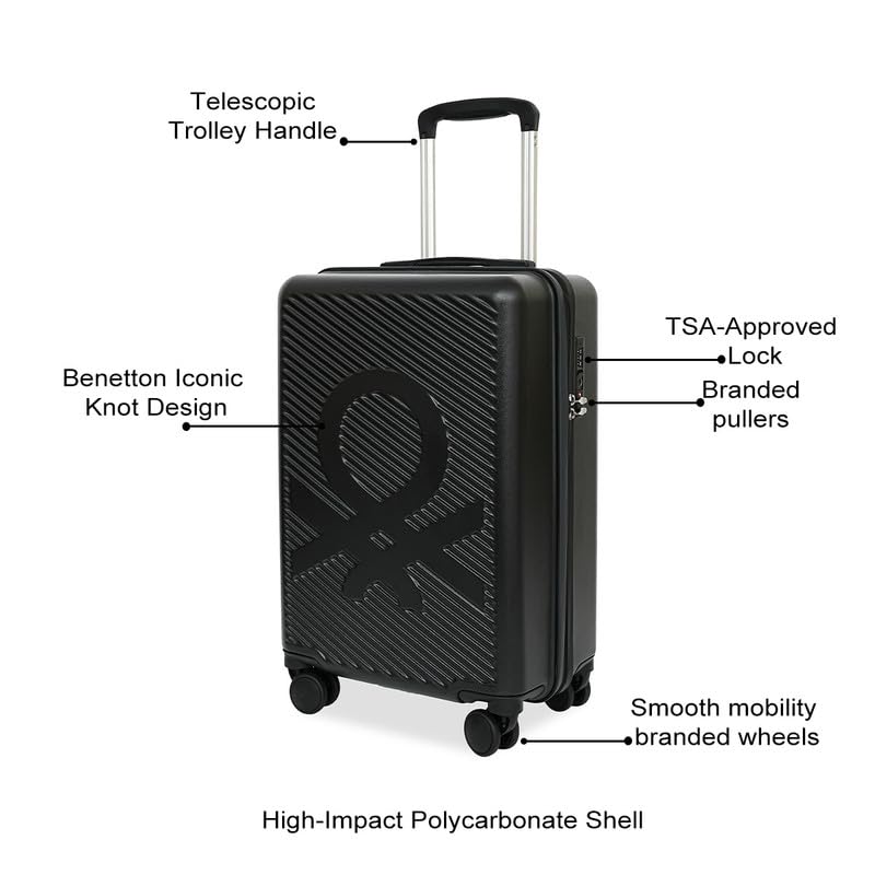 Image of United Colors of Benetton Hard Luggage Glide Set of 3 (Cabin, Mid & Cargo) - Black | PC Carry-On Trolley Bag | TSA Lock & 360 Spinner Wheels Suitcase | Telescopic Handle | Water Resistance