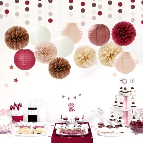 Image of Burgundy-Brown Champagne Party-Decorations Paper-Flowers Lanterns - 15PCS Fall Boho Tissue Pom Poms Streamers,Autumn Rustic Baby Shower Neutral Wedding Birthday Decor Hugfond