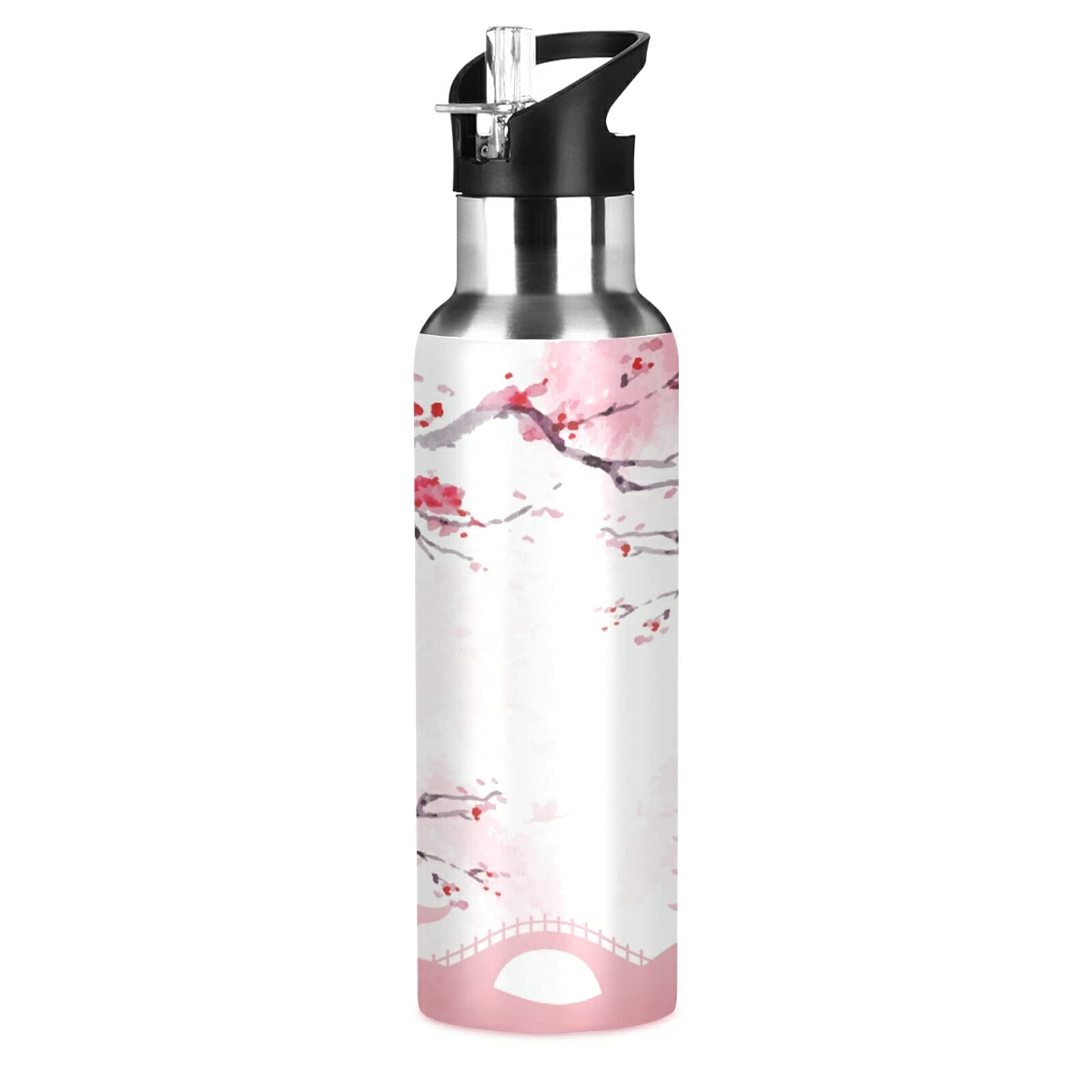 Qilmy Japanese Cherry Blossom Vacuum Insulated Water Bottle with Straw Lid 22oz Double Wall Stainless Steel Sports Water Bottle for Travel Sport, Hot