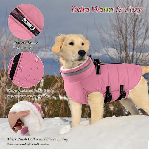 Image of Dogcheer Dog Coat with Harness, Waterproof Dog Fleece Jacket - Lt.Pink,2XL