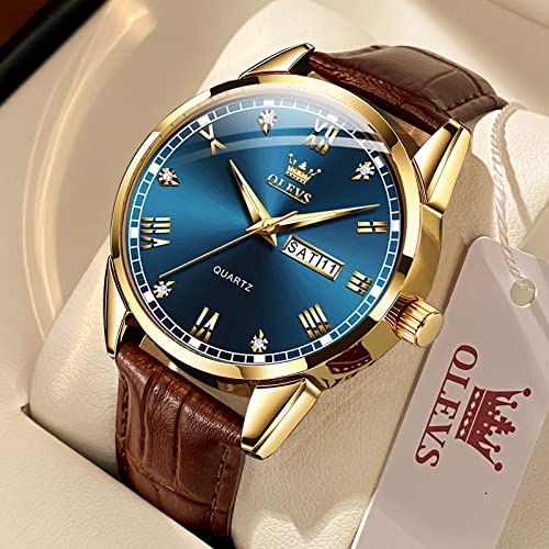 Image of OLEVS Amazon Watches,Brown Leather Watch for Men,Men Day Date Watch,Men's Luminous Watch,Dress Watch for Men,Rose Gold Watch for Men,Men's Fashion Quartz Watch,Waterproof Brown Man Watches, Brown